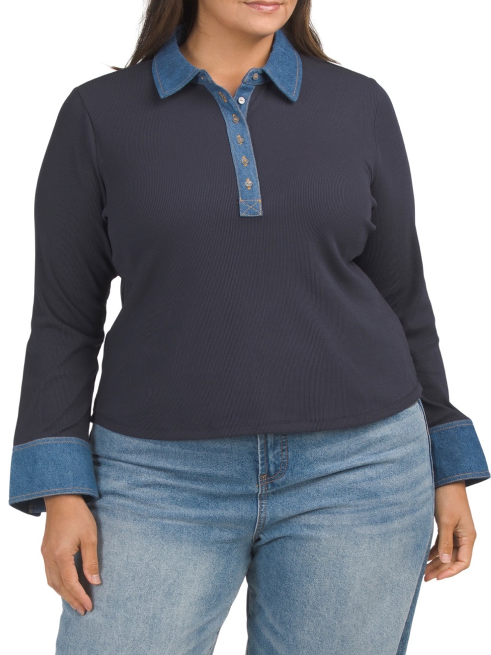 Long-Sleeve Navy Polo Top with Denim Trim
